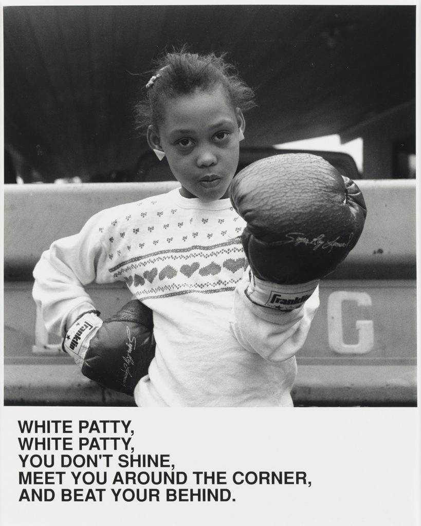 Carrie Mae Weems, White Patty, White Patty, You Don't Shine, Meet You Around the Corner, And Beat Your Behind, silver gelatin print with printed text, 1987. $20,000 to $30,000.