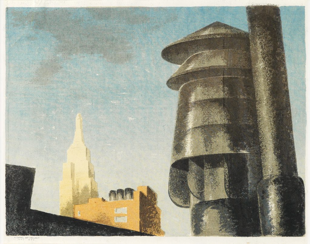 Louis Lozowick, Roofs and Sky, color screenprint, circa 1939.