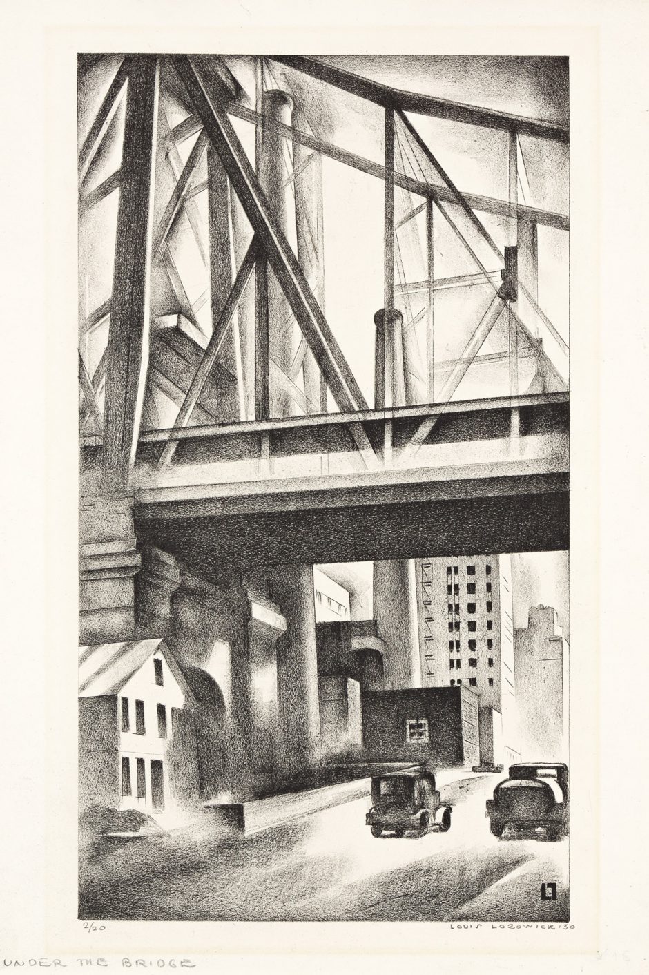 Making A Modern American Art 1920 1930 Swann Galleries News   Louis Lozowick Under The Bridge 1930 940x1412 